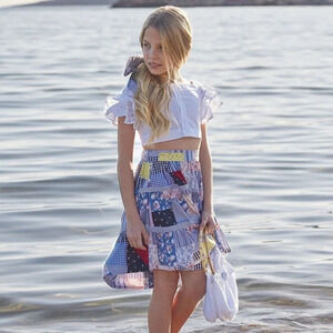 NWT Lapin House skirt patchwork‎ blue & pink cotton high-low size 8 years